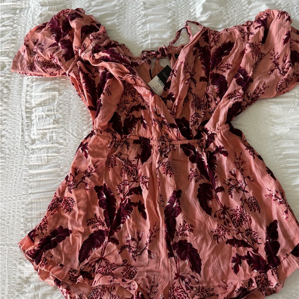 Topshop Pink Floral Short Romper with V-Neck